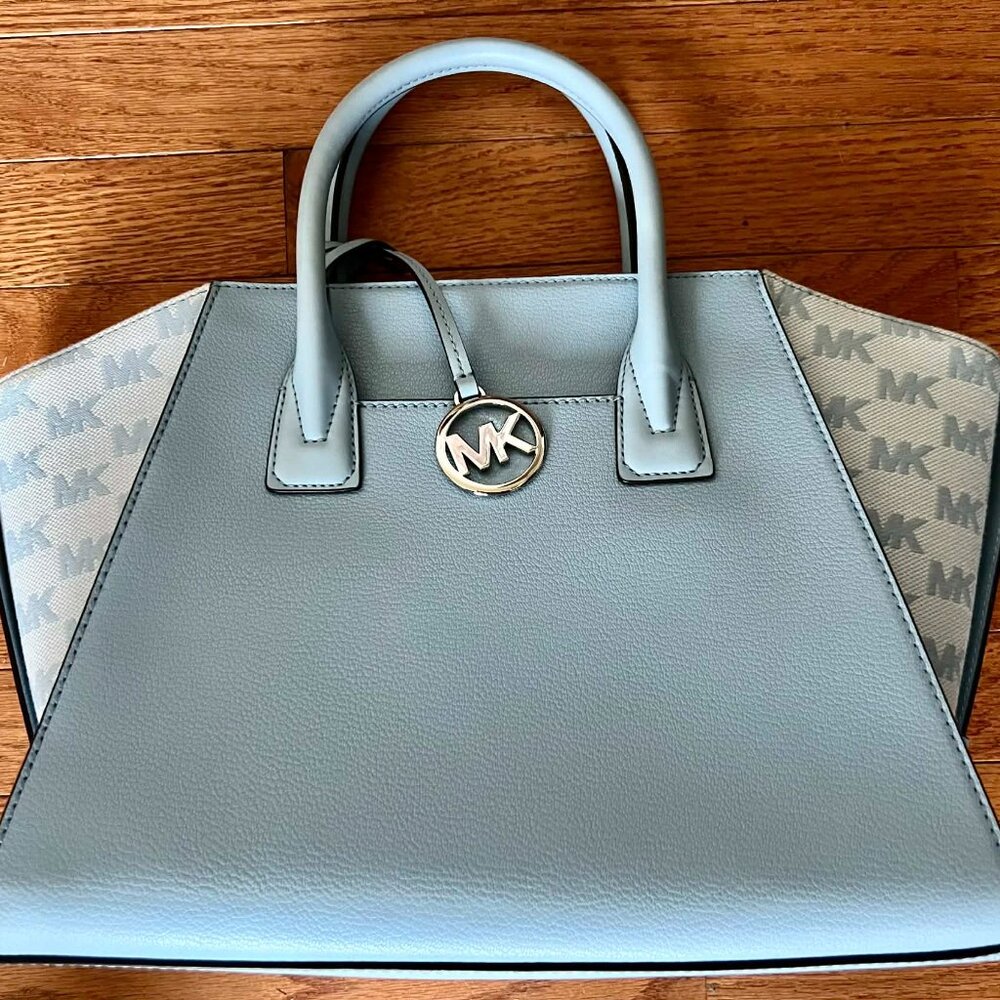 Michael Kors Avril Large Leather and Logo Jacquard Satchel